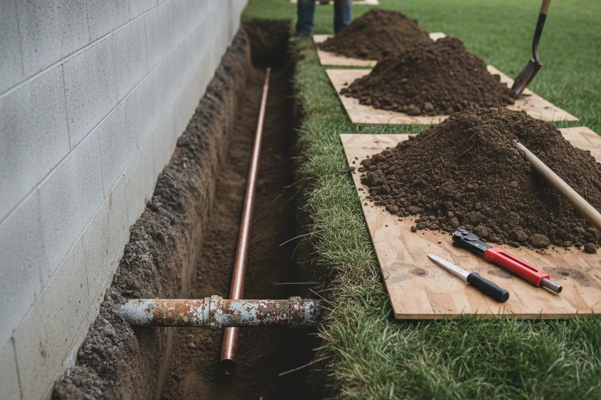 Excavated water line trench during Water Softener Installation in North Bend